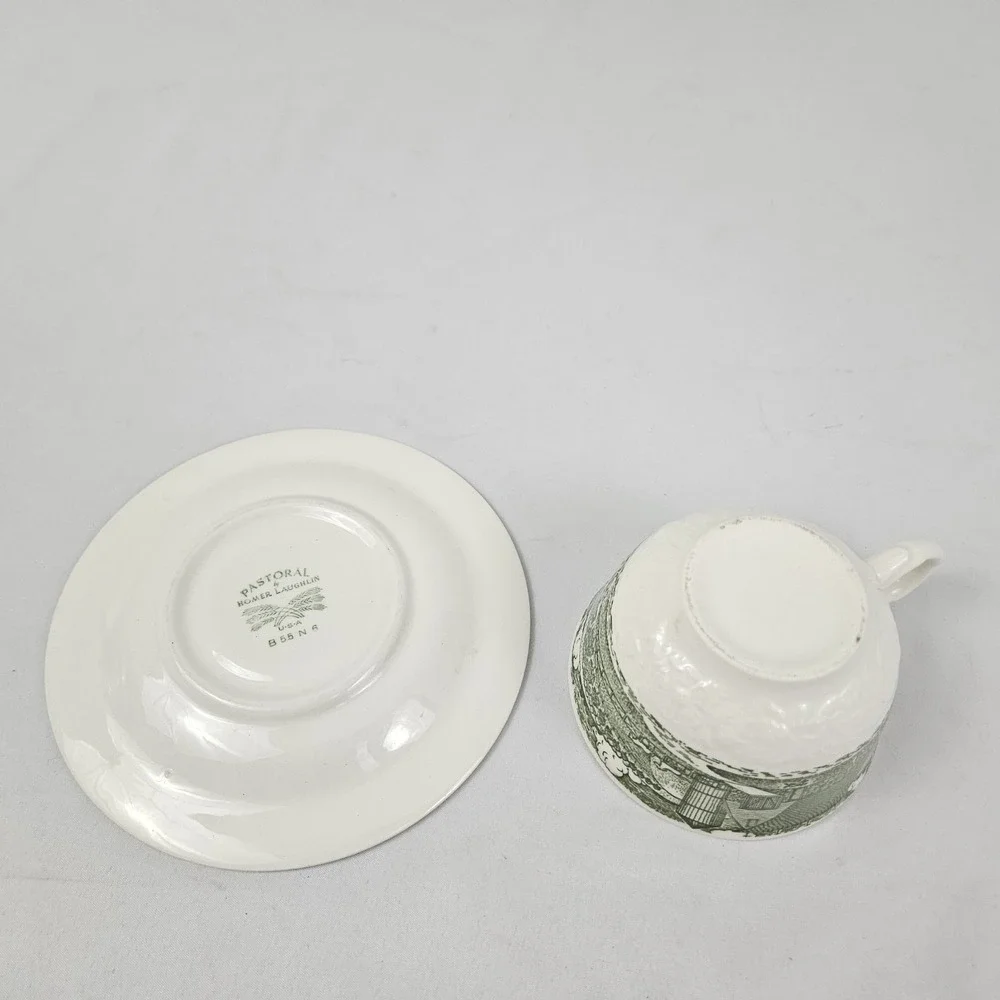 Homer Laughlin Teacup & Saucer Set Farm Scene Vintage Pastoral Green